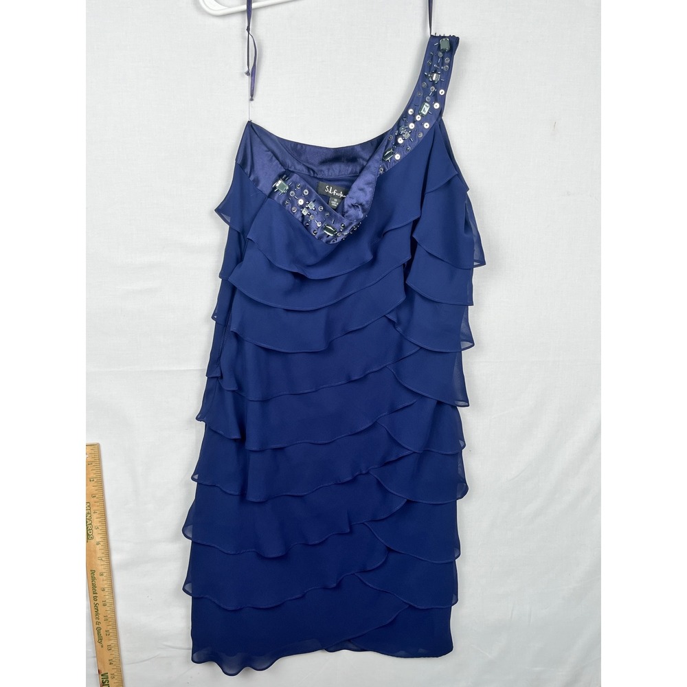 S.L. Fashions One Shoulder Tiered Ruffle Cocktail Dress Womens 10 Blue 118180
